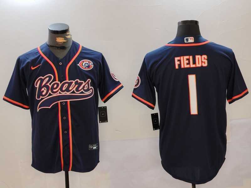 Men%27s Chicago Bears #1 Justin Fields Navy Throwback With Patch Cool Base Stitched Baseball Jersey